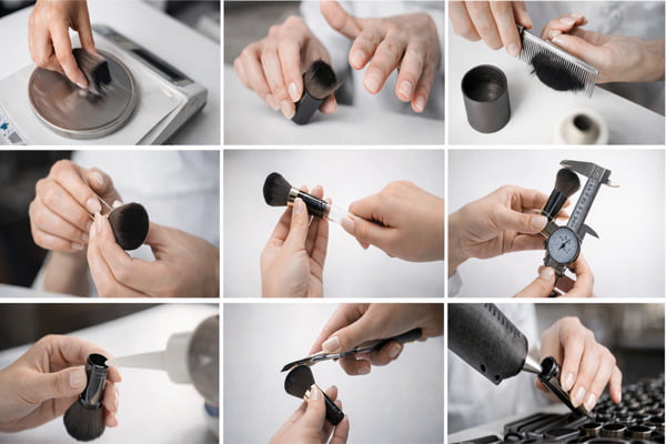 A factory worker carefully assembling a makeup brush head